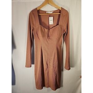 ASTR The Label Blush Ribbed Square Neck‎ Long Sleeve Bodycon Dress Womens XL NWT